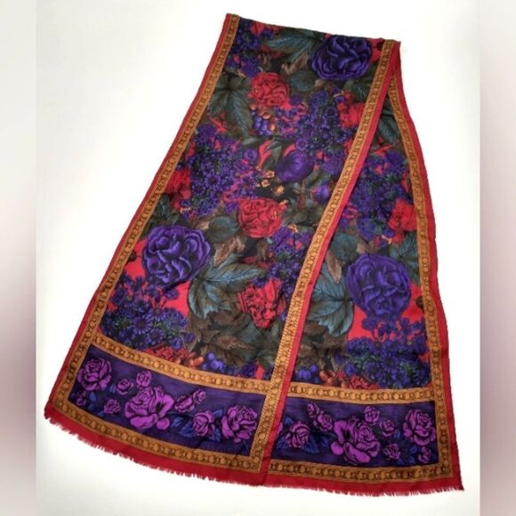 Adrienne Vittadini Vintage Long Floral Fringe Silk Scarf - Picture 14 of 15